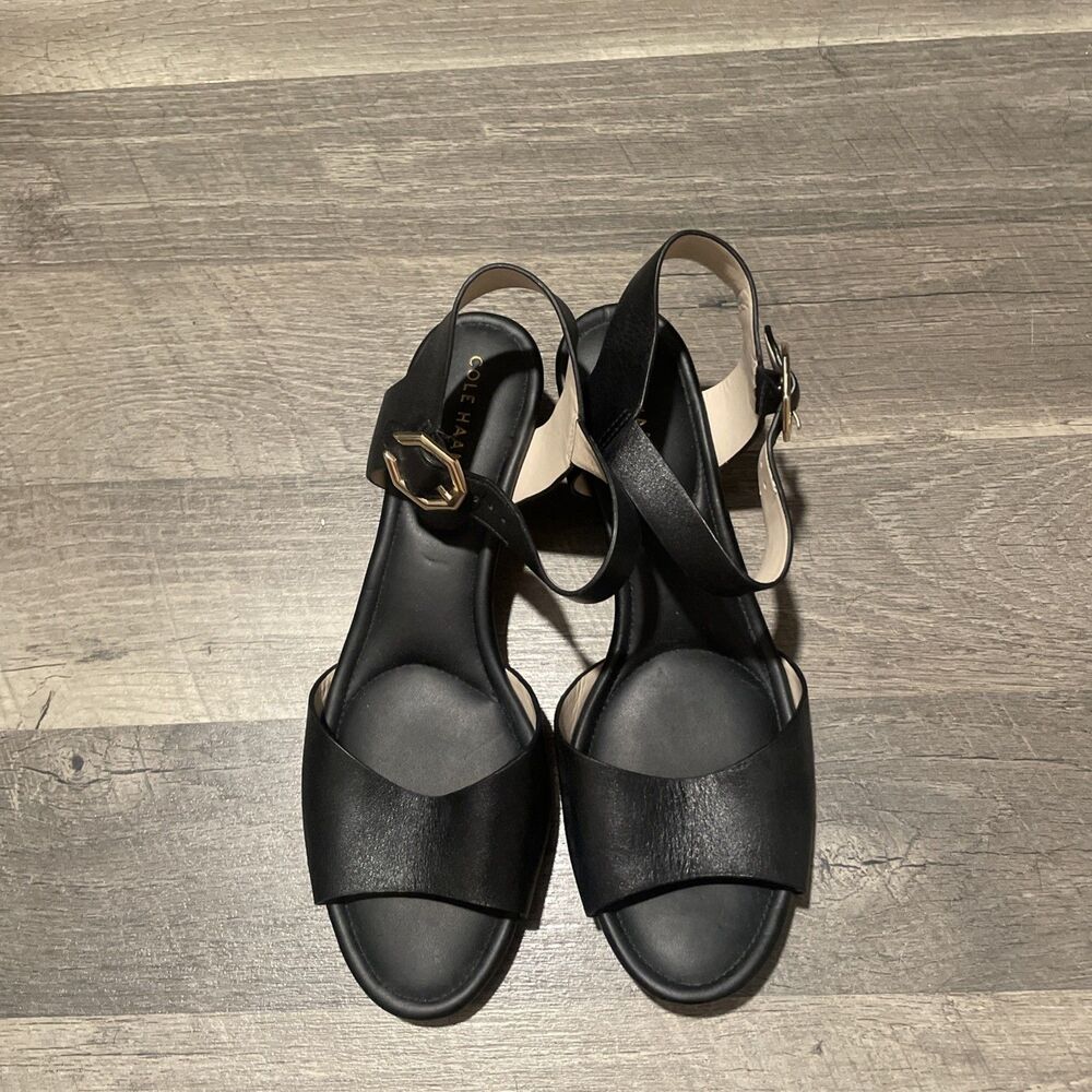 Cole Haan Evette Black Leather Wedge Ankle Strap Sandal Comfort Summer Size 8 - Picture 5 of 7